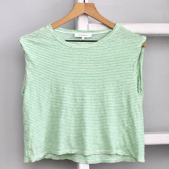 FRAME Women's Green White Striped Linen Cropped Rolled Muscle Shirt Size Small - Picture 1 of 9